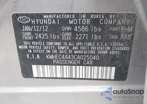 2012 Hyundai Sonata Hybrid from USA, damaged, VIN KMHEC4A43CA025040